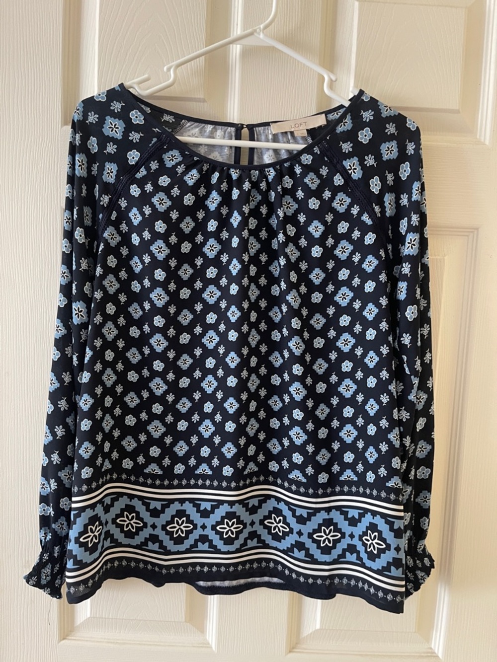LOFT Navy Blue Floral Border Print Blouse